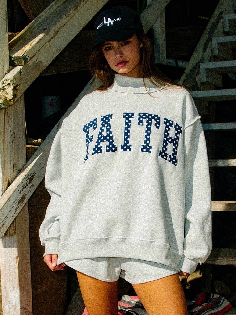 BUCKETLIST Light Gray Crewneck Sweatshirt with Navy Polka-Dot FAITH